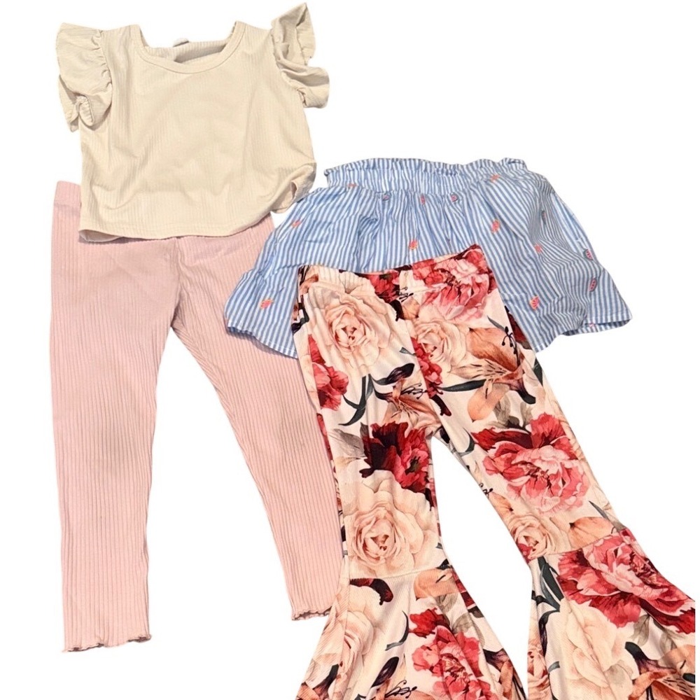 Girls 4 Piece Lot Flutter Sleeve Top Ribbed Leggings Floral Flares Shorts Set‎